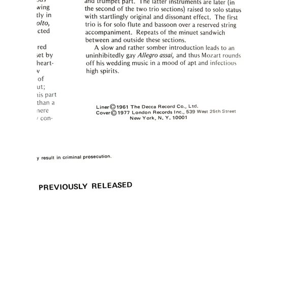 Vintage Classical Vinyl Mozart Serenade No.7 in D Major, K.250 "Haffner" - Picture 3 of 5